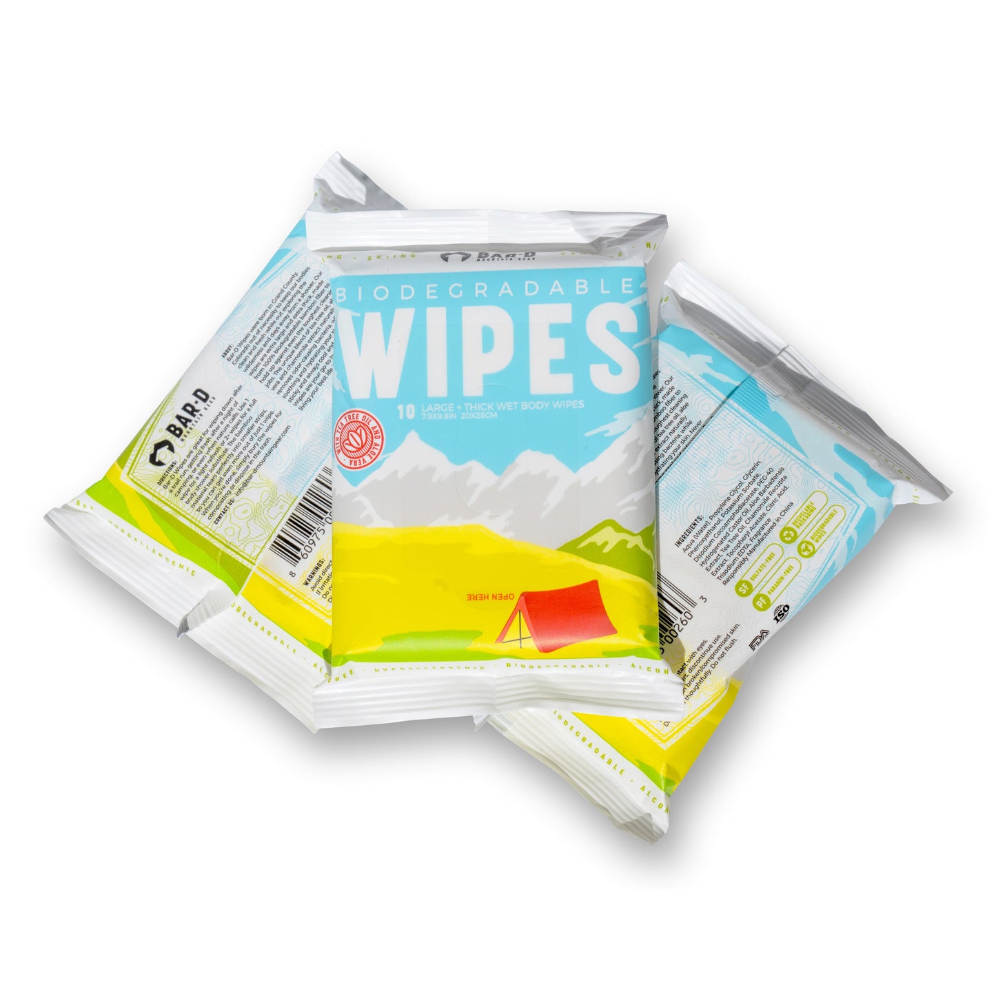 Bar-D Biodegradable Body Wipes with Tea Tree Oil & Aloe Vera - Refreshing Shower Wipes (3-Pack, 10 Wipes/Pack)