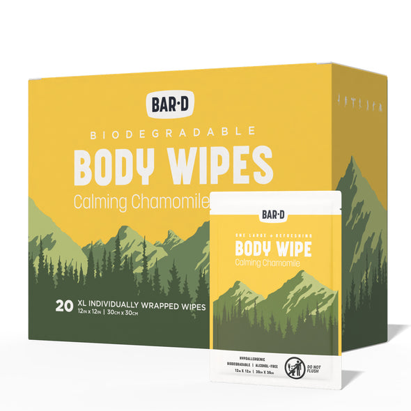 Bar-D Cleansing Face & Body Wipes for Women and Men - Biodegradable Shower Wipes 12x12 Inch, Pack of 20 (20 Count/Box), Chamomile scent