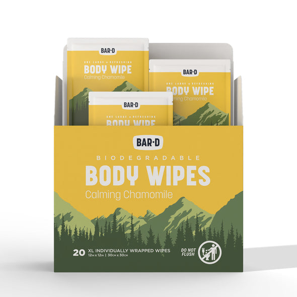 Bar-D Cleansing Face & Body Wipes for Women and Men - Biodegradable Shower Wipes 12x12 Inch, Pack of 20 (20 Count/Box), Chamomile scent