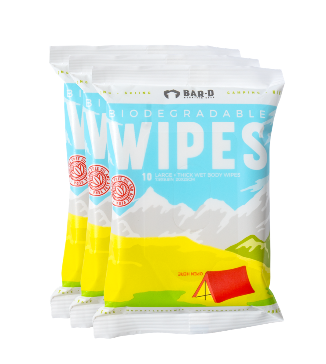 Bar-D Biodegradable Body Wipes with Tea Tree Oil & Aloe Vera - Refreshing Shower Wipes (3-Pack, 10 Wipes/Pack)
